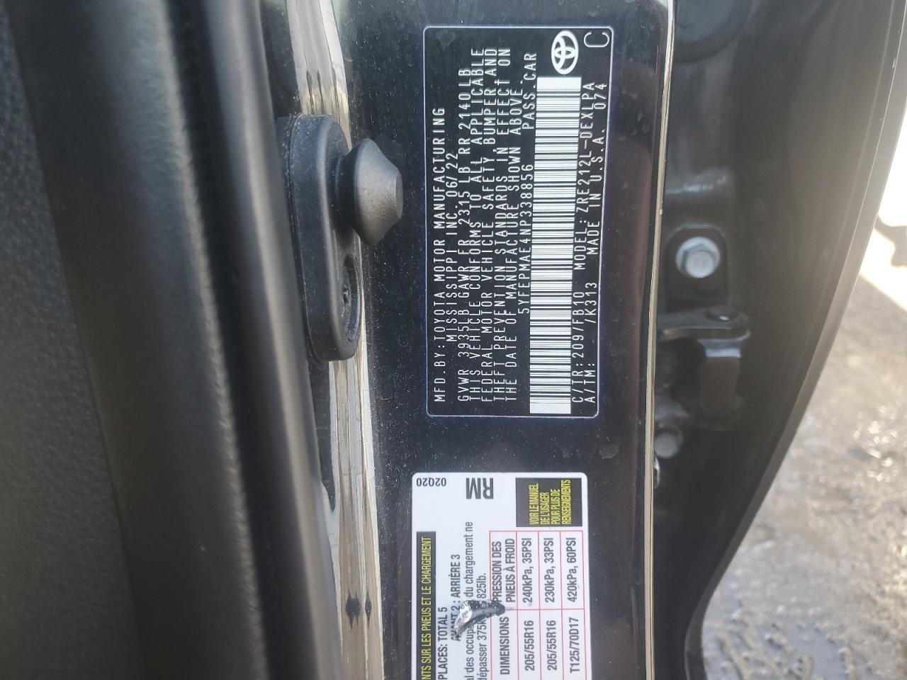 2022 TOYOTA COROLLA LE VIN:5YFEPMAE4NP338856