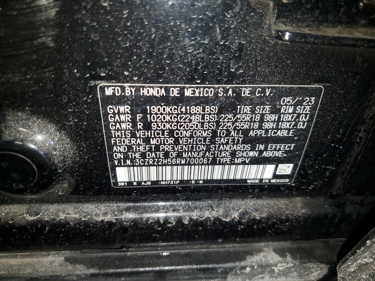 2024 HONDA HR-V SPORT VIN:3CZRZ2H56RM700067