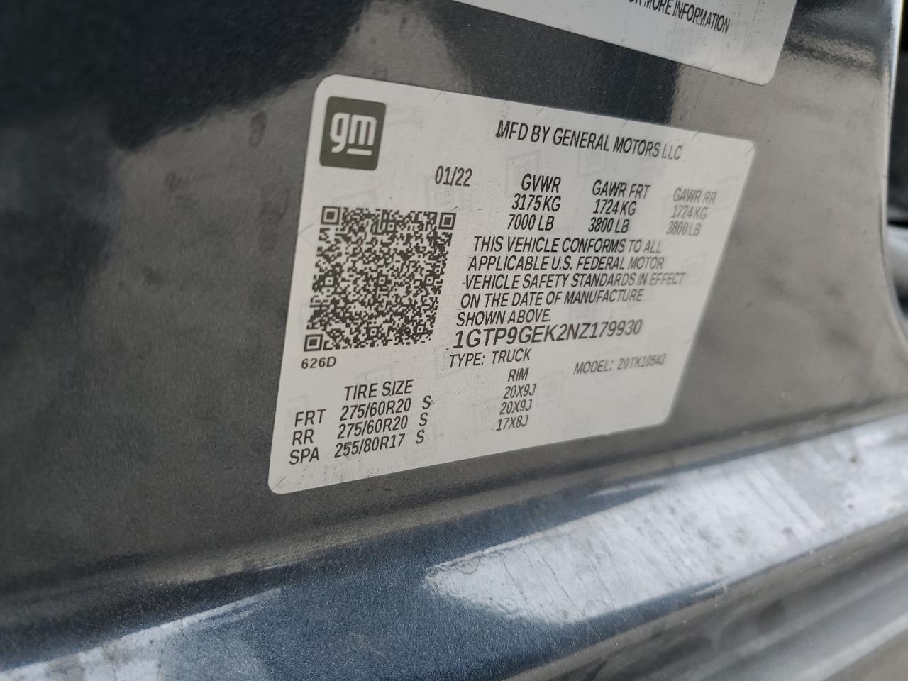 2022 GMC SIERRA LIMITED K1500 ELEVATION-L VIN:1GTP9GEK2NZ179930
