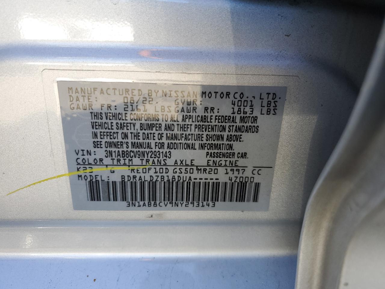 2022 NISSAN SENTRA SV VIN:3N1AB8CV9NY293143