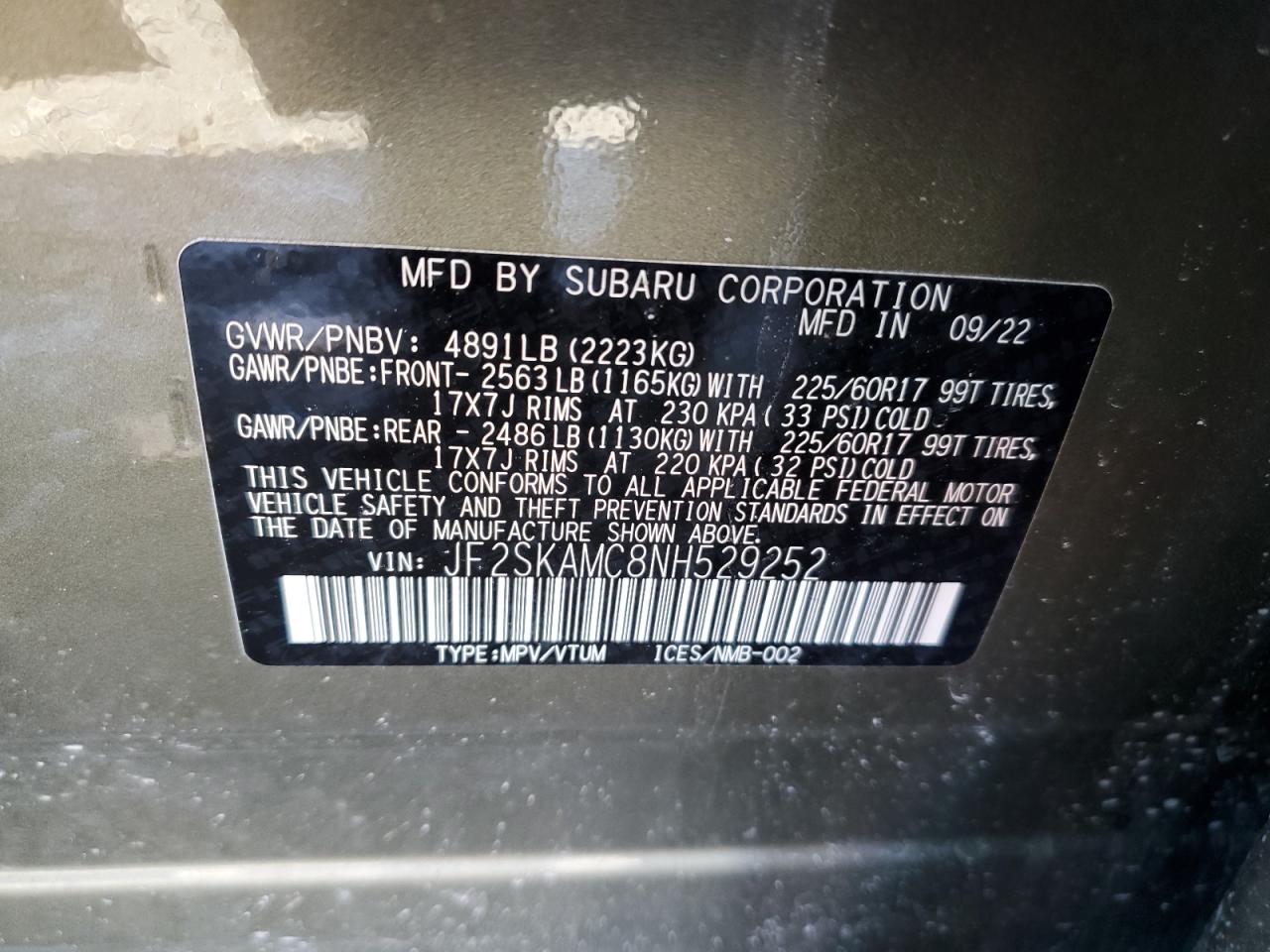 2022 SUBARU FORESTER WILDERNESS VIN:JF2SKAMC8NH529252