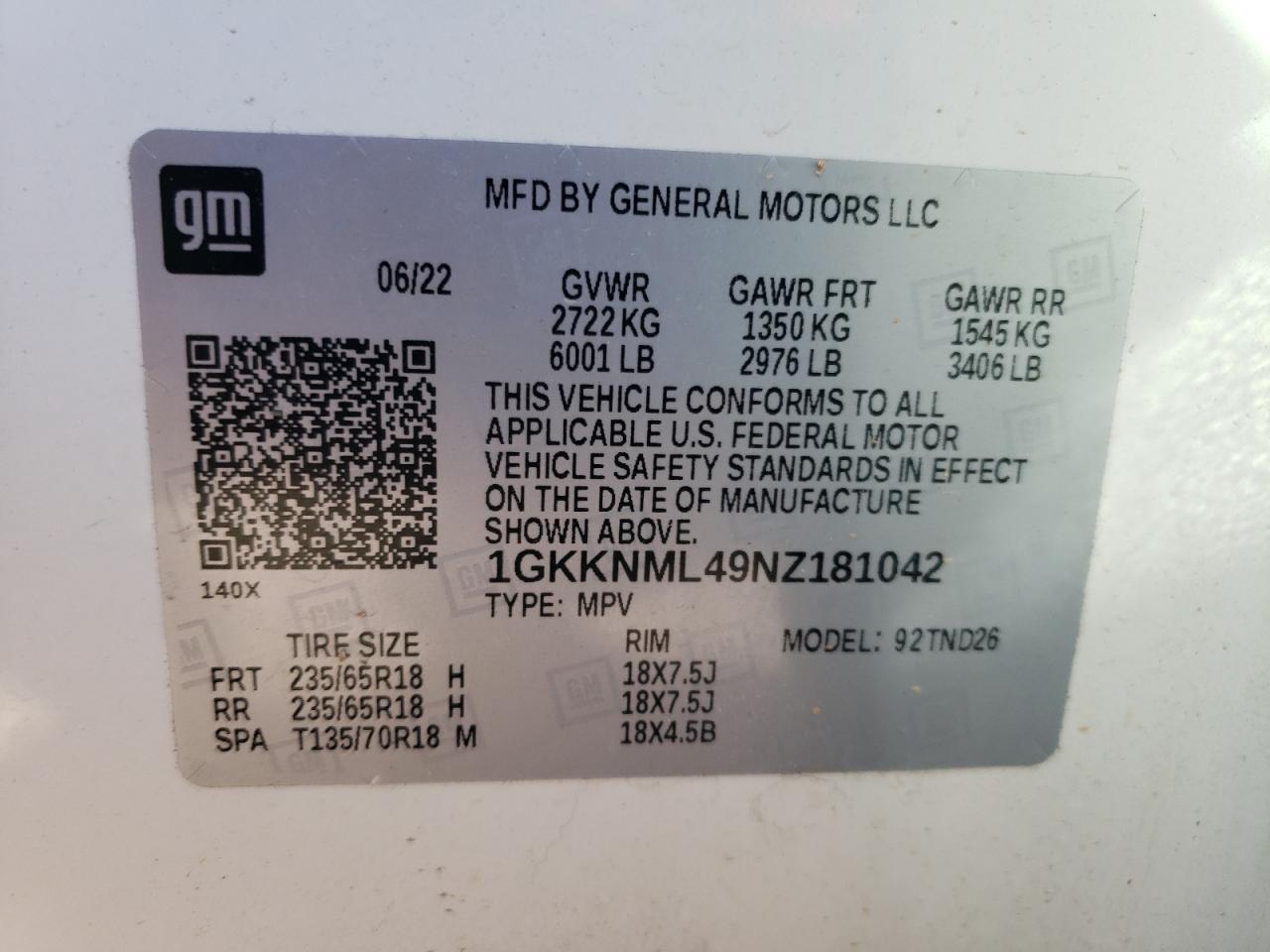 2022 GMC ACADIA SLT VIN:1GKKNML49NZ181042