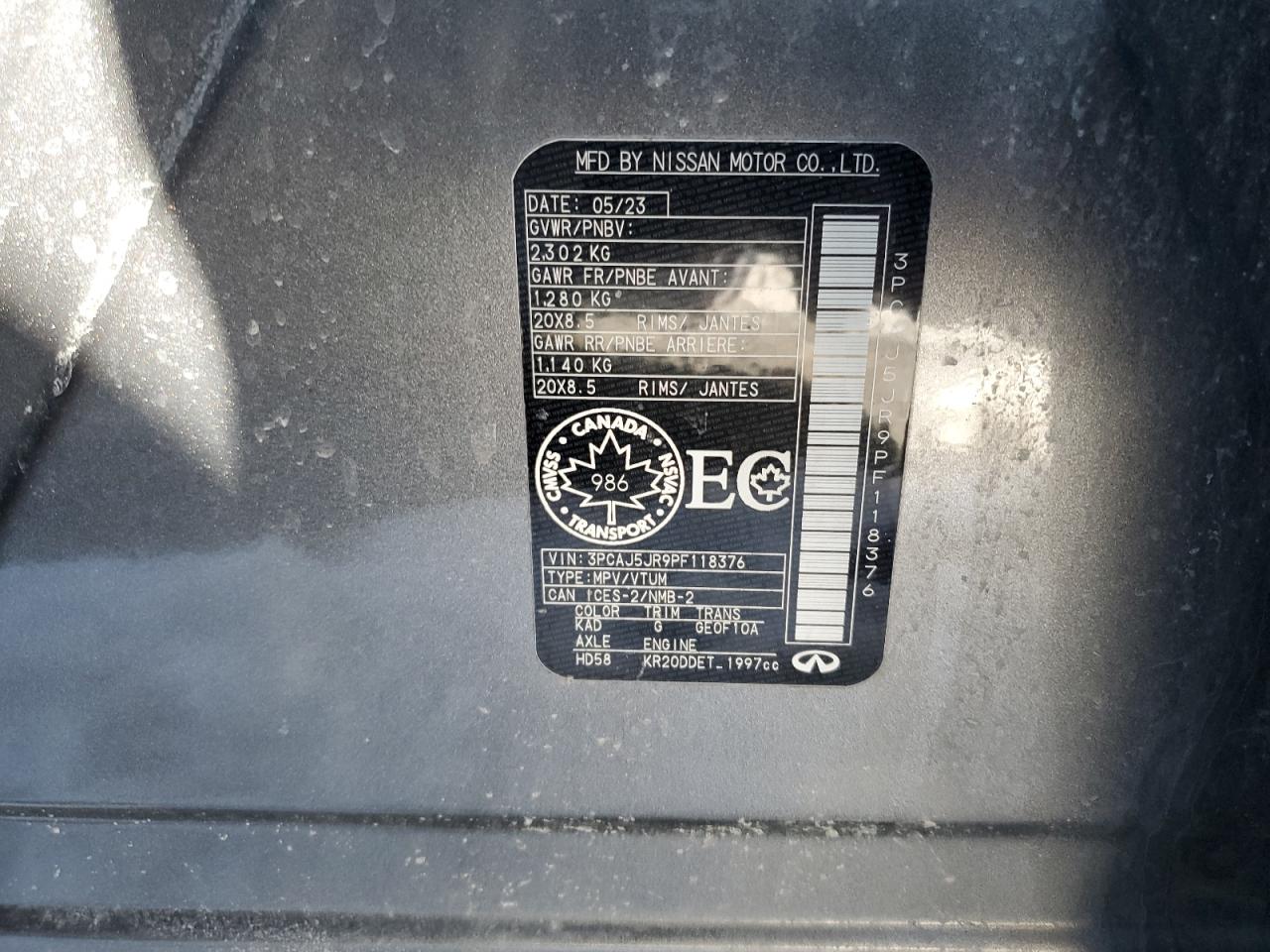 2023 INFINITI QX55 LUXE VIN:3PCAJ5JR9PF118376