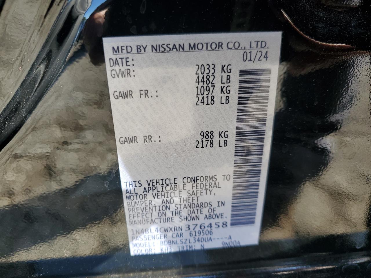 2024 NISSAN ALTIMA SR VIN:1N4BL4CWXRN376458