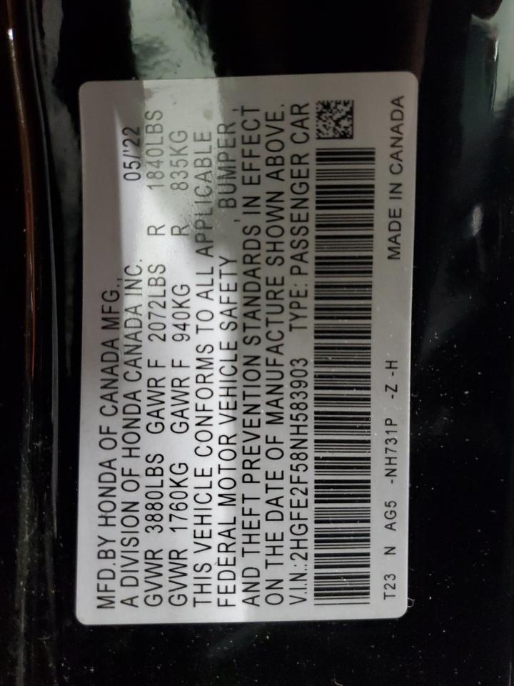 2022 HONDA CIVIC SPORT VIN:2HGFE2F58NH583903