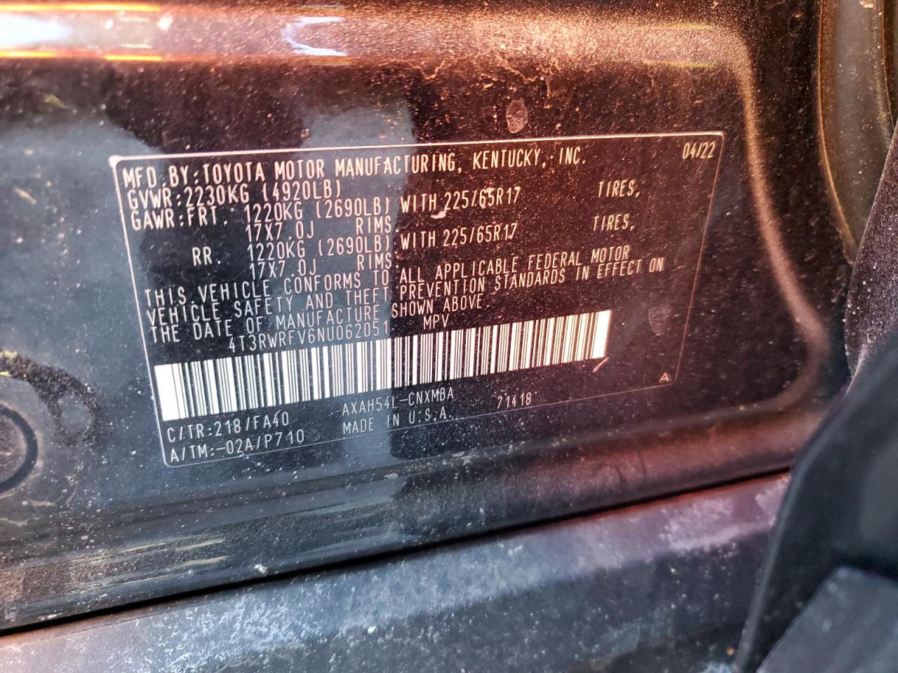 2022 TOYOTA RAV4 XLE VIN:4T3RWRFV6NU062051