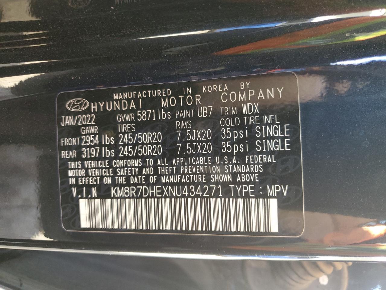 2022 HYUNDAI PALISADE CALLIGRAPHY VIN:KM8R7DHEXNU434271