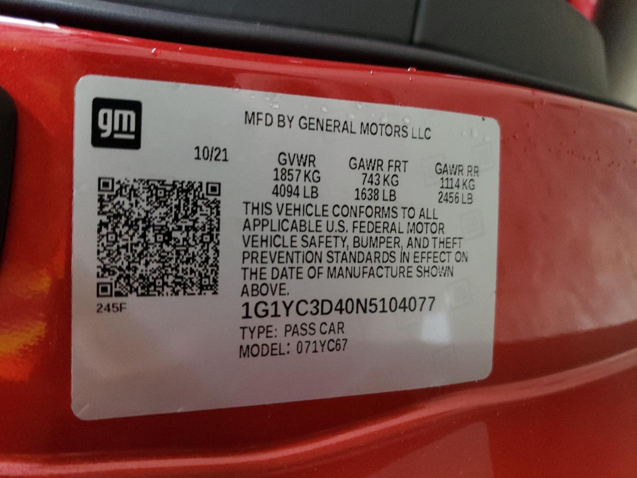 2022 CHEVROLET CORVETTE STINGRAY 3LT VIN:1G1YC3D40N5104077