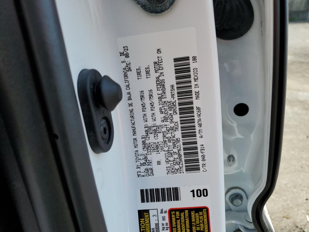 2023 TOYOTA TACOMA DOUBLE CAB VIN:3TMCZ5AN0PM631705