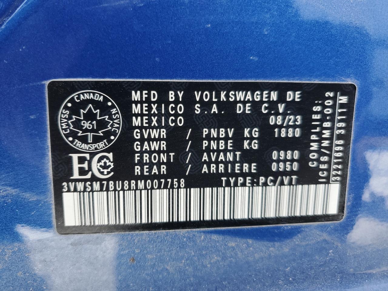 2024 VOLKSWAGEN JETTA COMFORTLINE VIN:1FTFW1EV2AFB03096