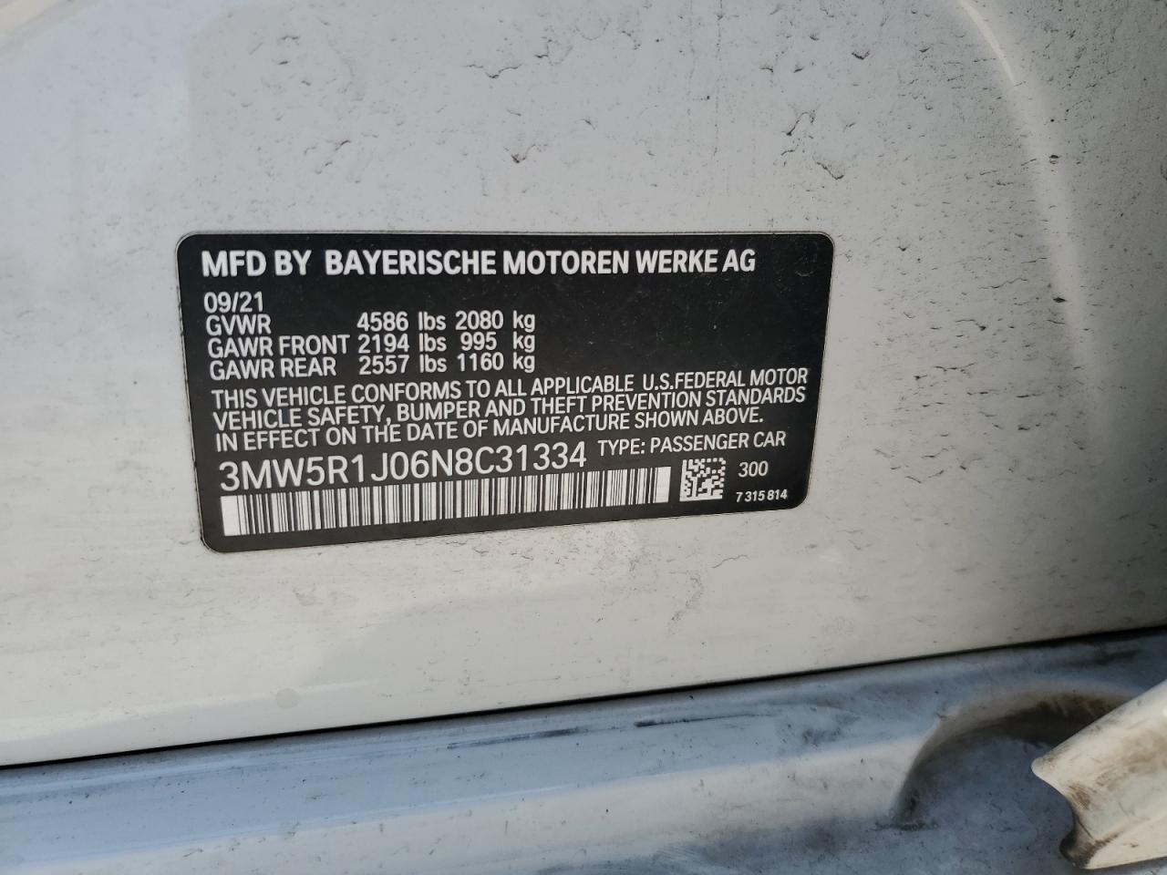 2022 BMW 330I  VIN:3MW5R1J06N8C31334