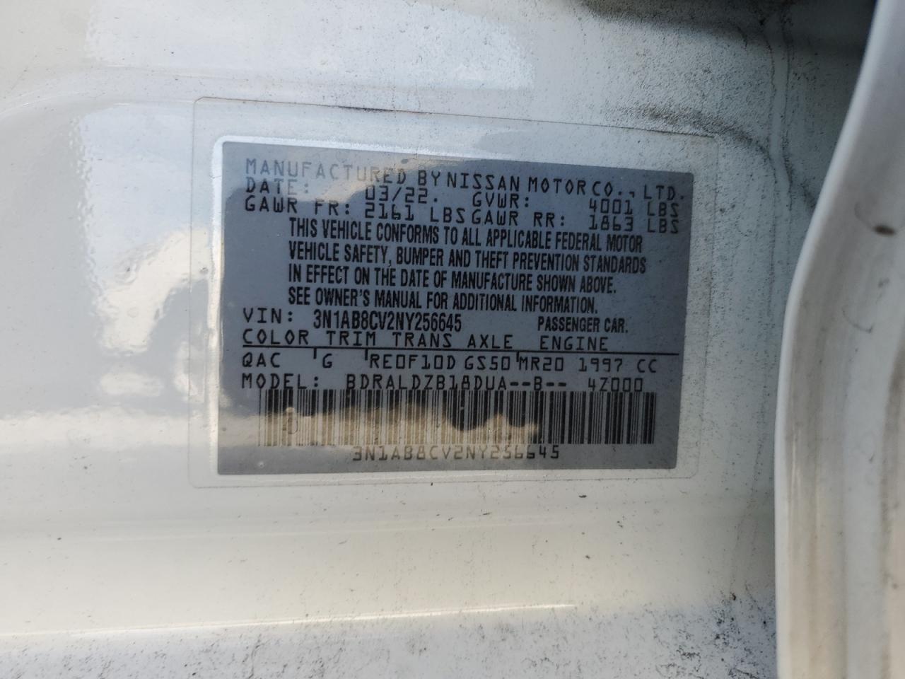 2022 NISSAN SENTRA SV VIN:3N1AB8CV2NY256645