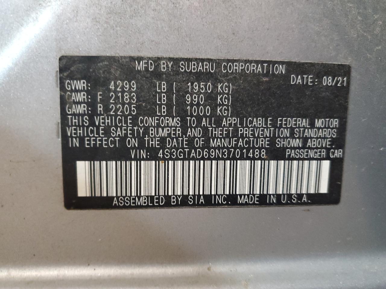 2022 SUBARU IMPREZA PREMIUM VIN:4S3GTAD69N3701488