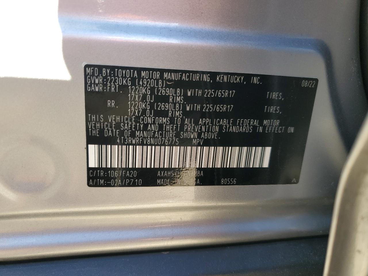 2022 TOYOTA RAV4 XLE VIN:4T3RWRFV8NU076775