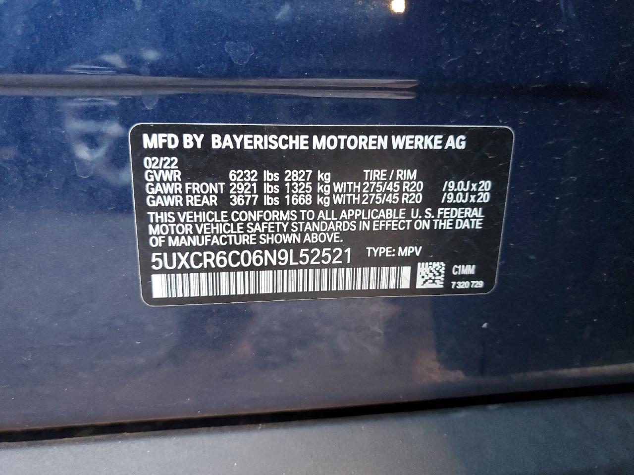 2022 BMW X5 XDRIVE40I VIN:5UXCR6C06N9L52521