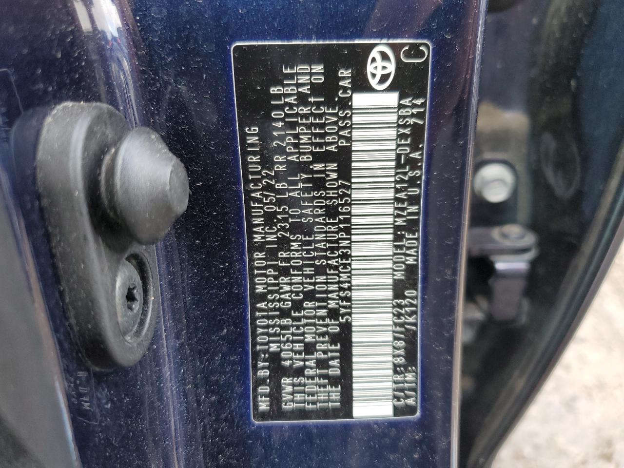 2022 TOYOTA COROLLA SE VIN:5YFS4MCE3NP116527