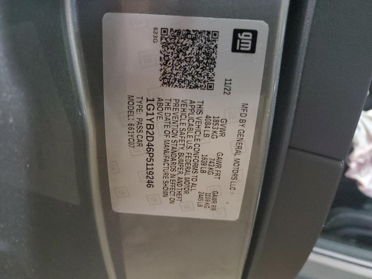 2023 CHEVROLET CORVETTE STINGRAY 2LT VIN:1G1YB2D46P5119246