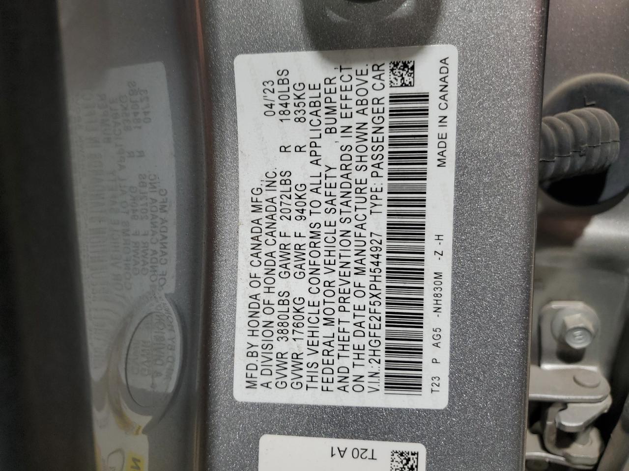 2023 HONDA CIVIC SPORT VIN:2HGFE2F5XPH544927