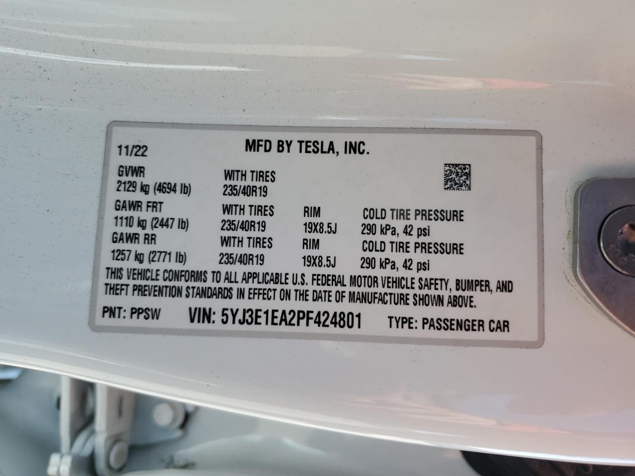 2023 TESLA MODEL 3 VIN:5YJ3E1EA2PF424801