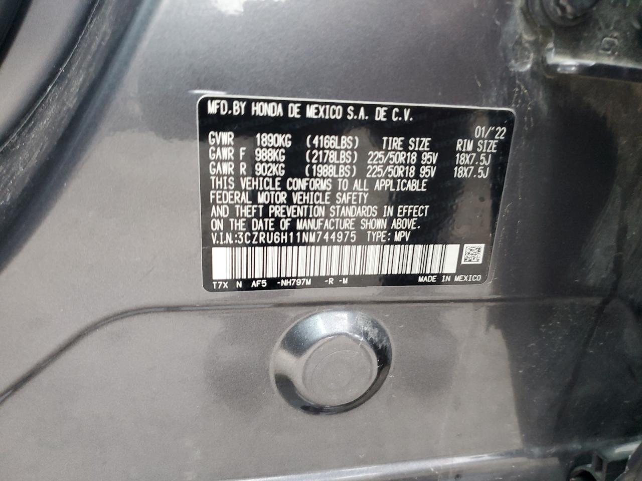 2022 HONDA HR-V SPORT VIN:3CZRU6H11NM744975