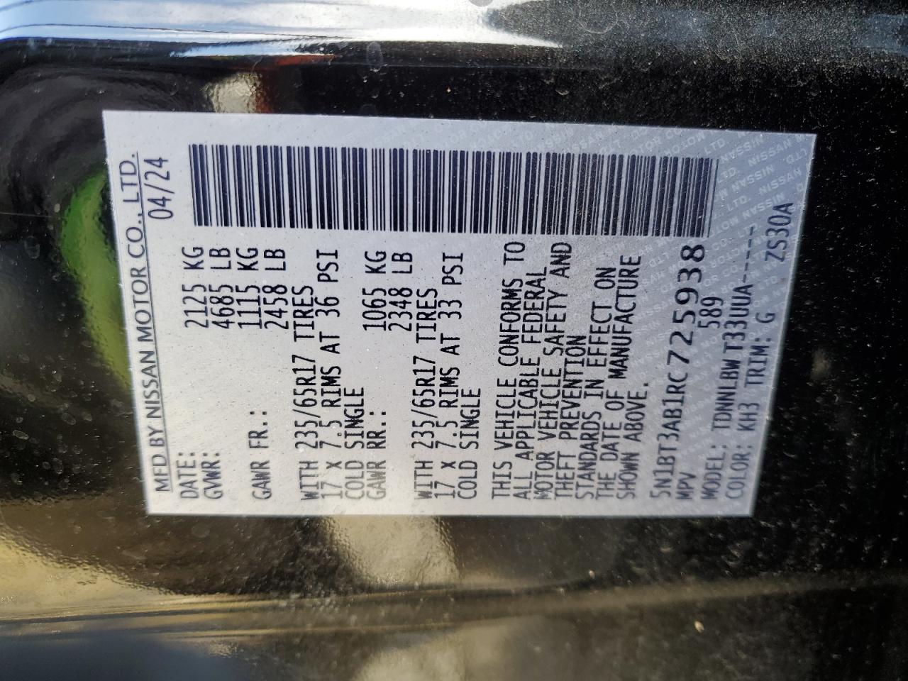 2024 NISSAN ROGUE S VIN:5N1BT3AB1RC725938