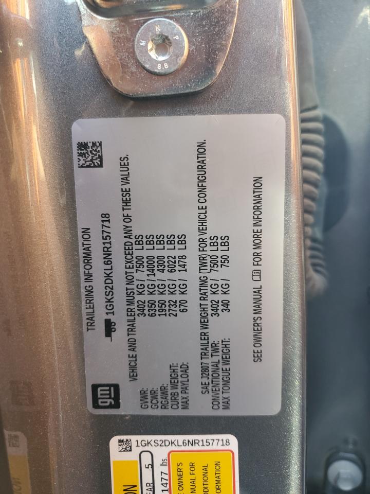 2022 GMC YUKON DENALI VIN:1GKS2DKL6NR157718