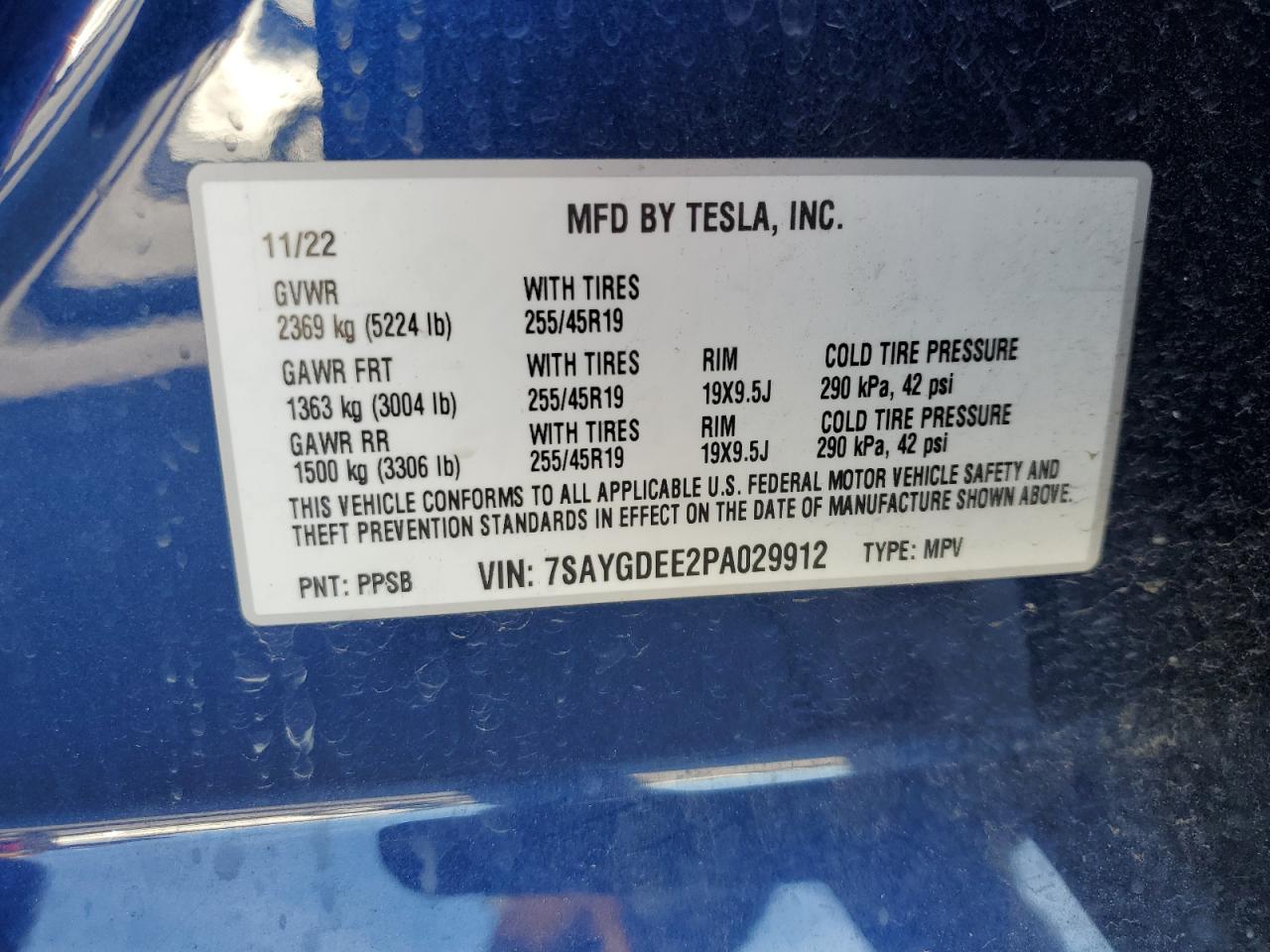 2023 TESLA MODEL Y  VIN:7SAYGDEE2PA029912