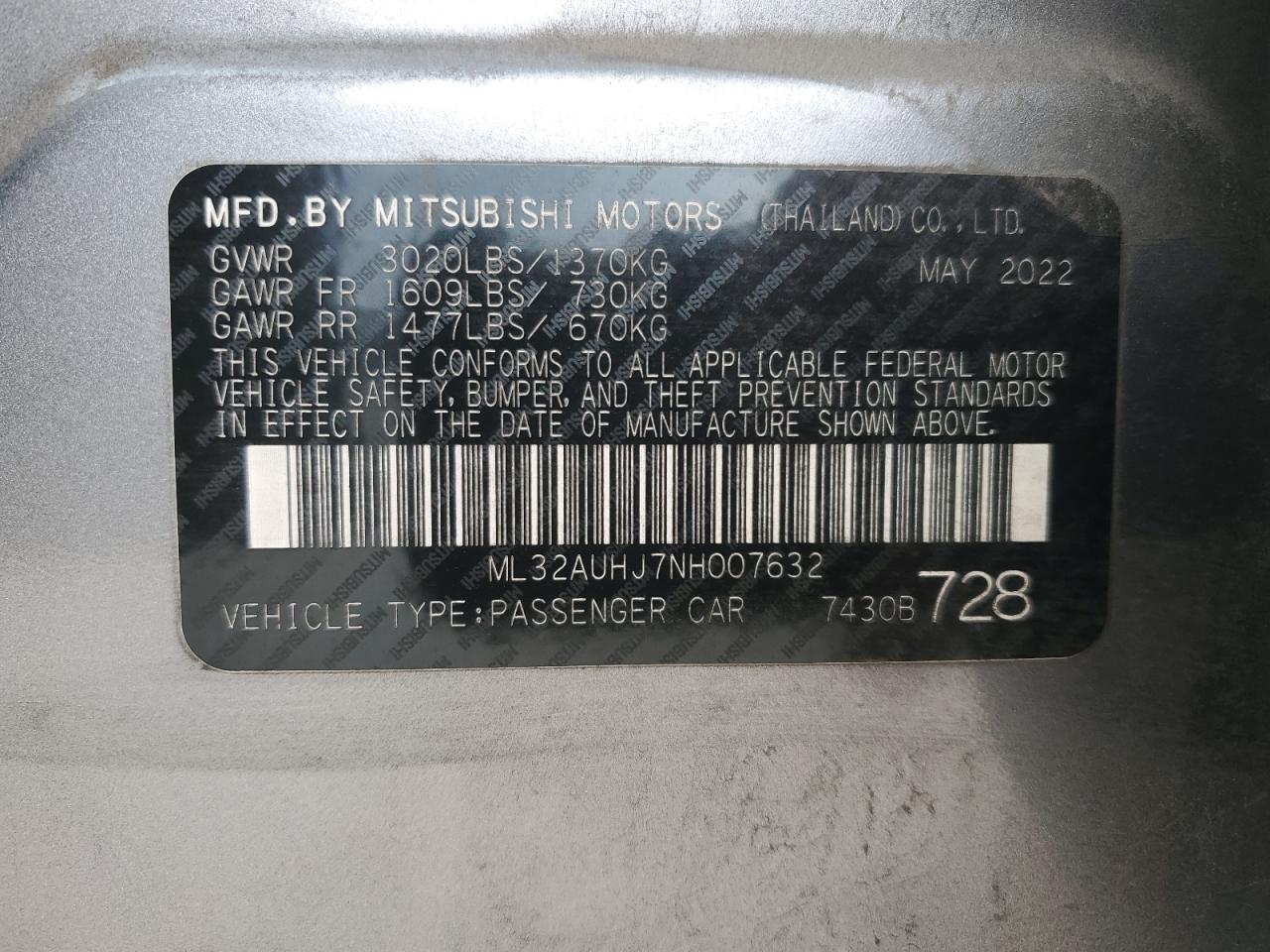 2022 MITSUBISHI MIRAGE ES VIN:ML32AUHJ7NH007632