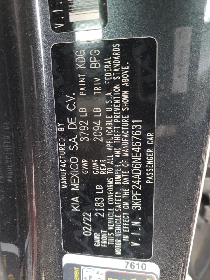 2022 KIA FORTE FE VIN:3KPF24AD6NE467631