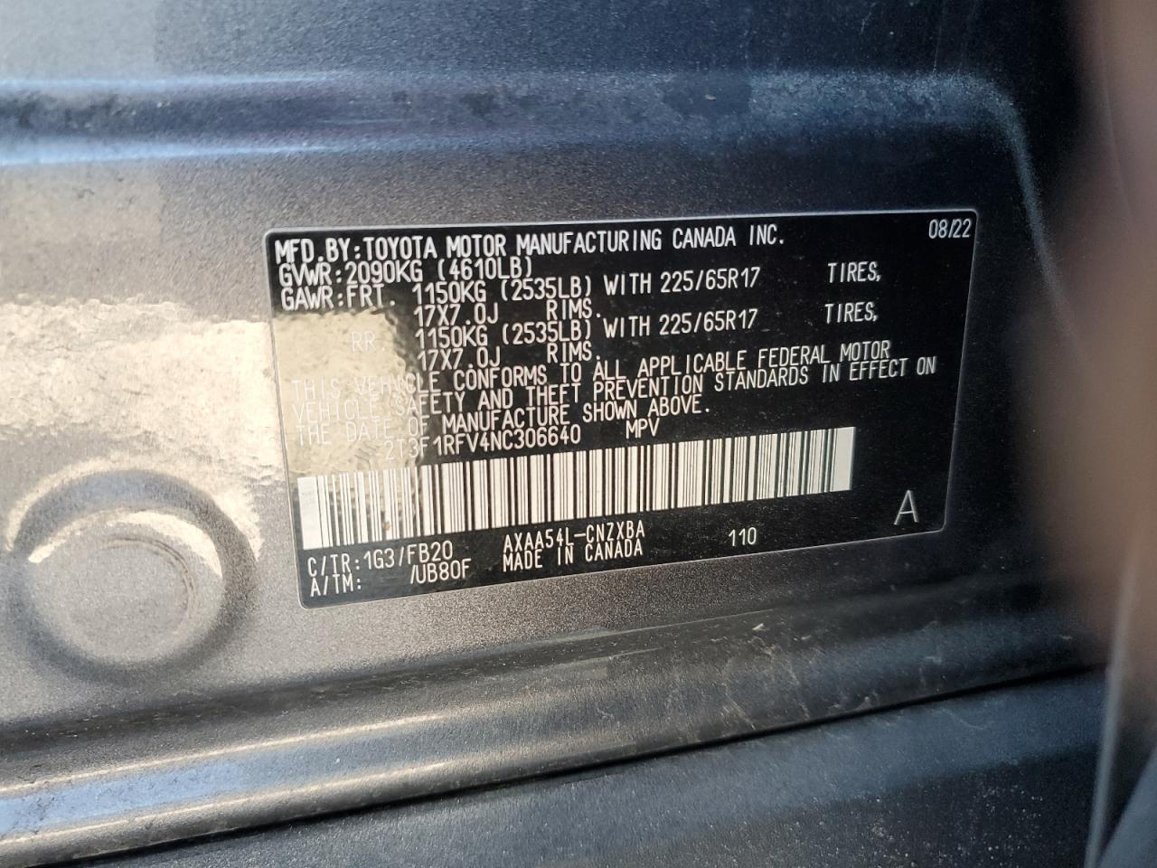 2022 TOYOTA RAV4 LE VIN:2T3F1RFV4NC306640