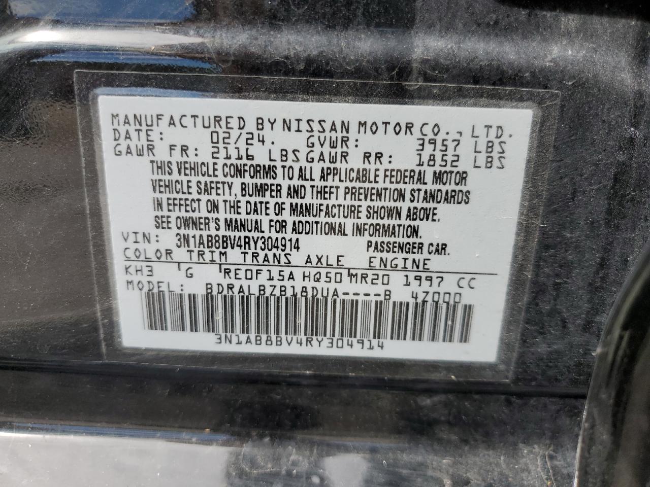 2024 NISSAN SENTRA S VIN:3N1AB8BV4RY304914