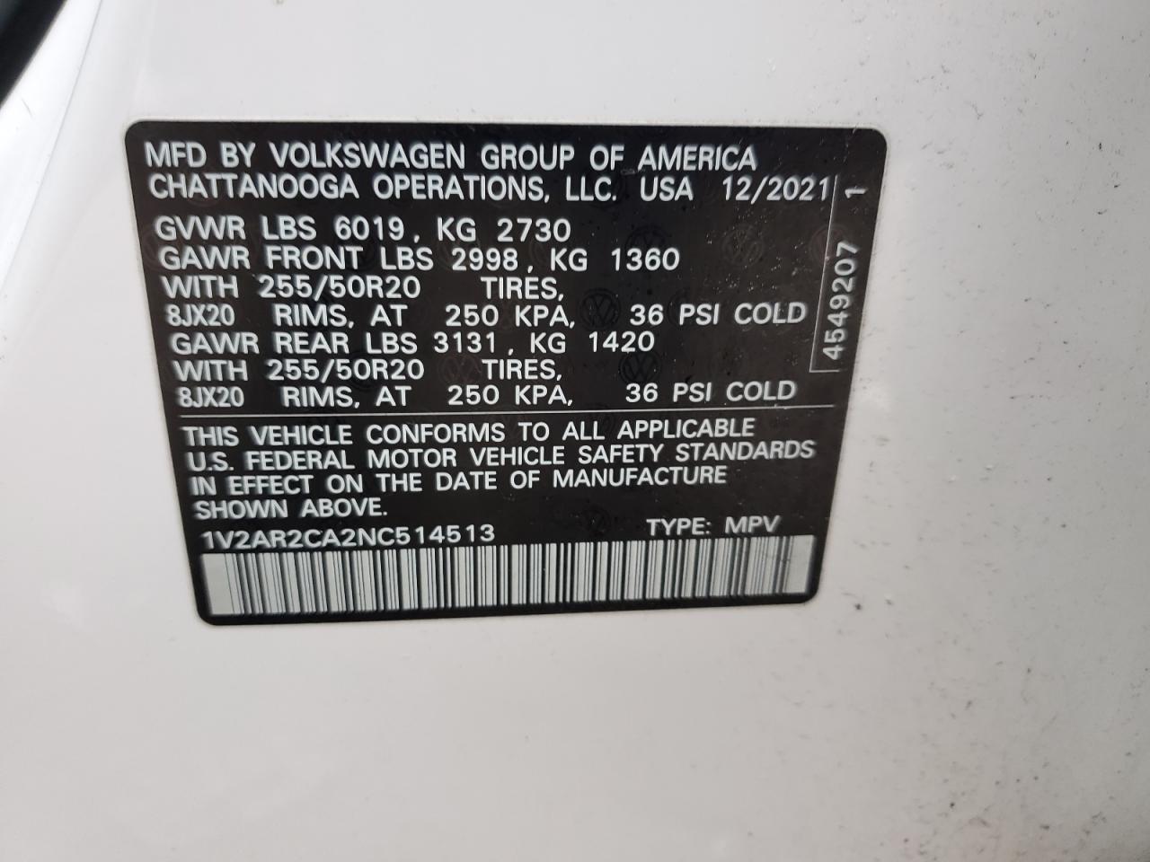 2022 VOLKSWAGEN ATLAS SEL R-LINE VIN:1V2AR2CA2NC514513