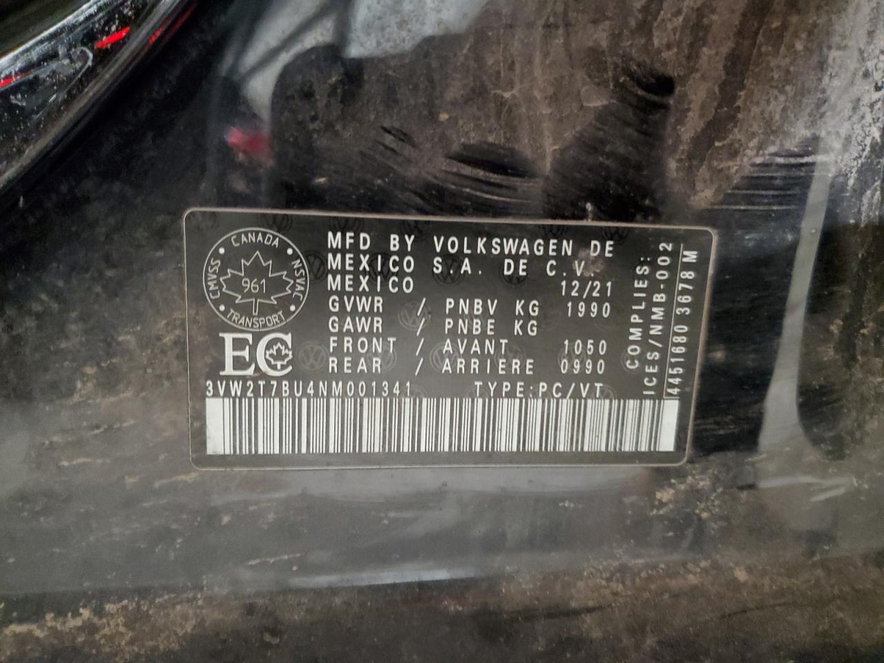 2022 VOLKSWAGEN JETTA GLI AUTOBAHN VIN:3VW2T7BU4NM001341