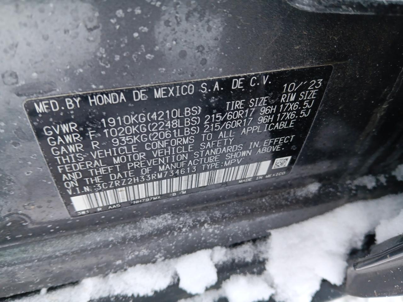 2024 HONDA HR-V LX VIN:3CZRZ2H33RM734613