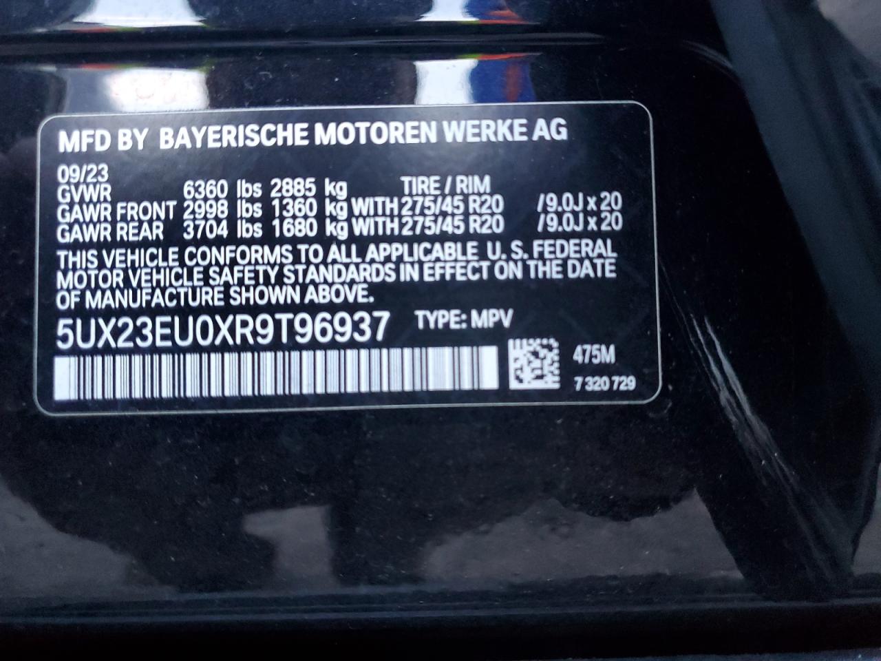 2024 BMW X5 XDRIVE40I VIN:5UX23EU0XR9T96937