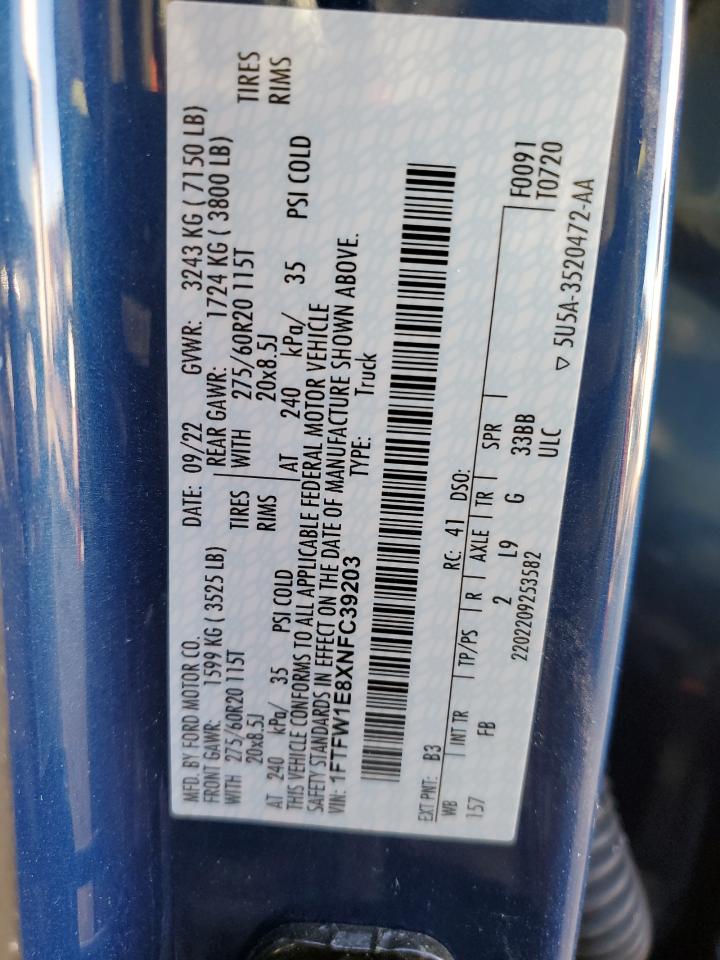 2022 FORD F150 SUPERCREW VIN:1FTFW1E8XNFC39203