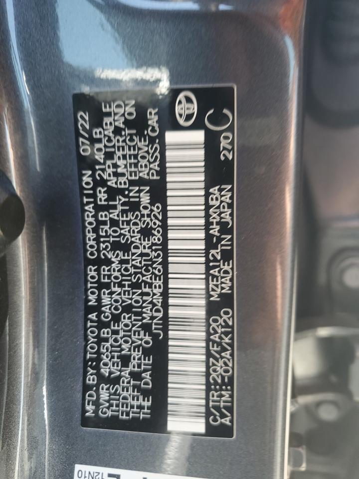 2022 TOYOTA COROLLA SE VIN:JTND4MBE6N3186926