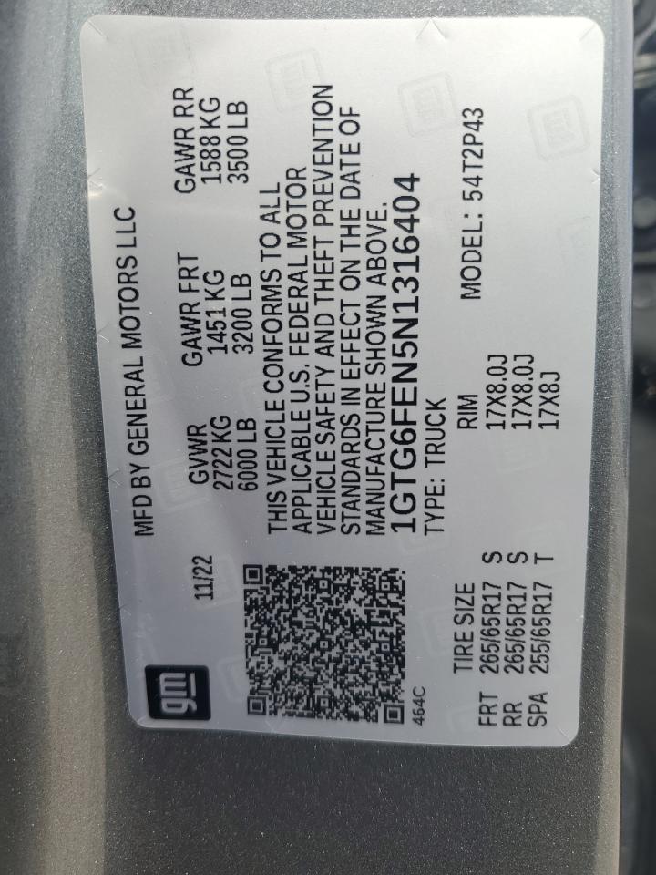2022 GMC CANYON AT4 VIN:1GTG6FEN5N1316404