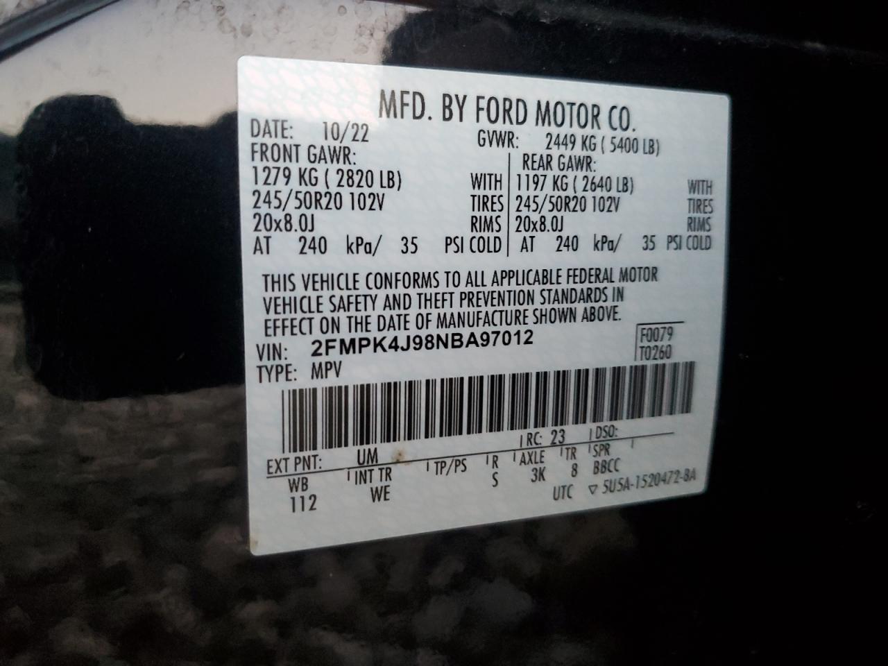 2022 FORD EDGE SEL VIN:2FMPK4J98NBA97012