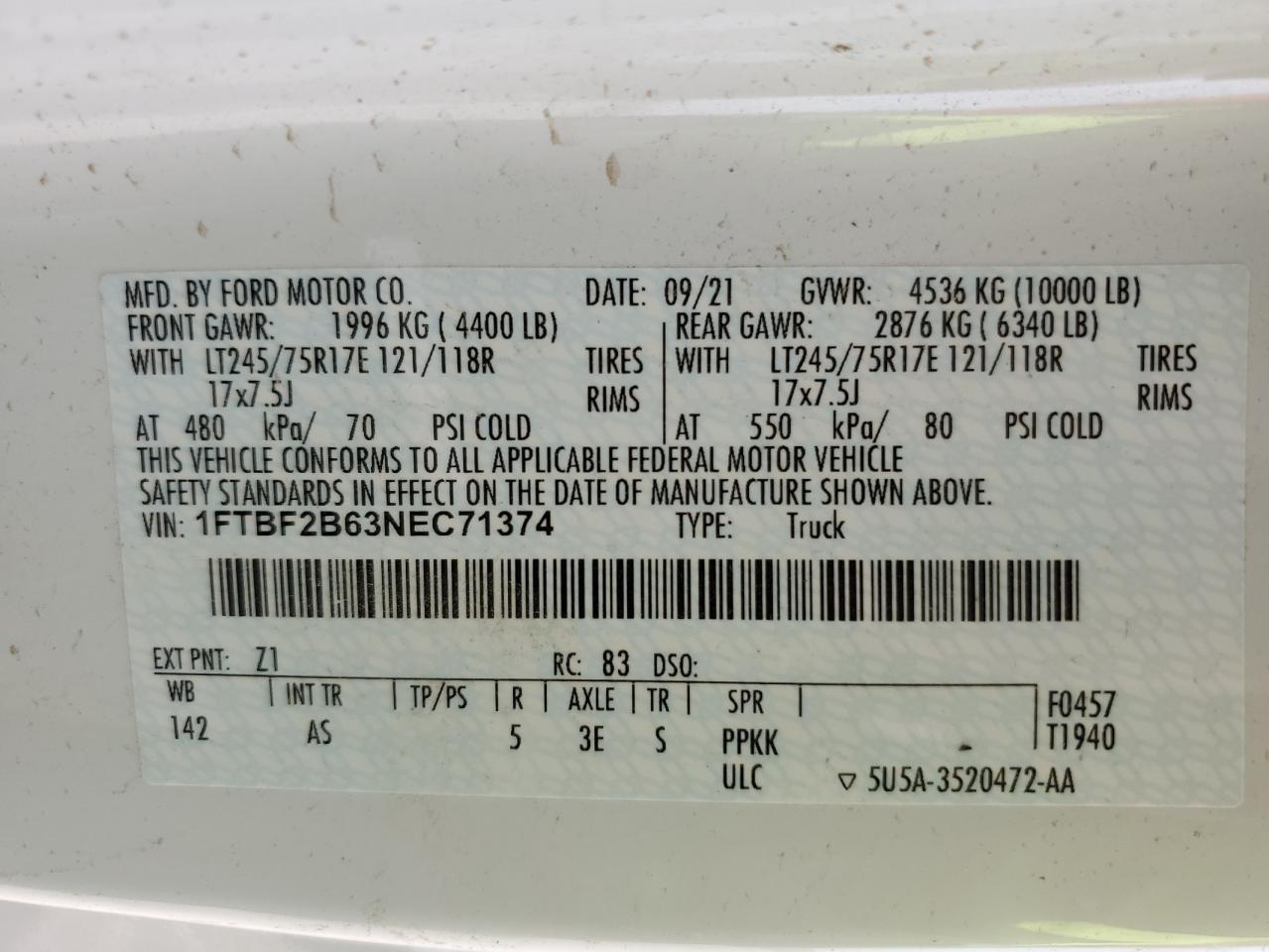 2022 FORD F250 SUPER DUTY VIN:1FTBF2B63NEC71374