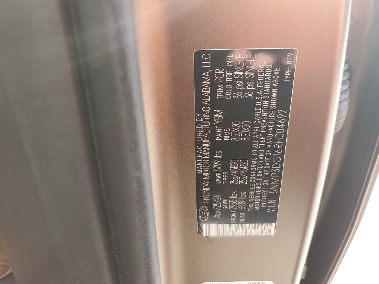 2024 HYUNDAI SANTA FE LIMITED VIN:5NMP3DG16RH004692