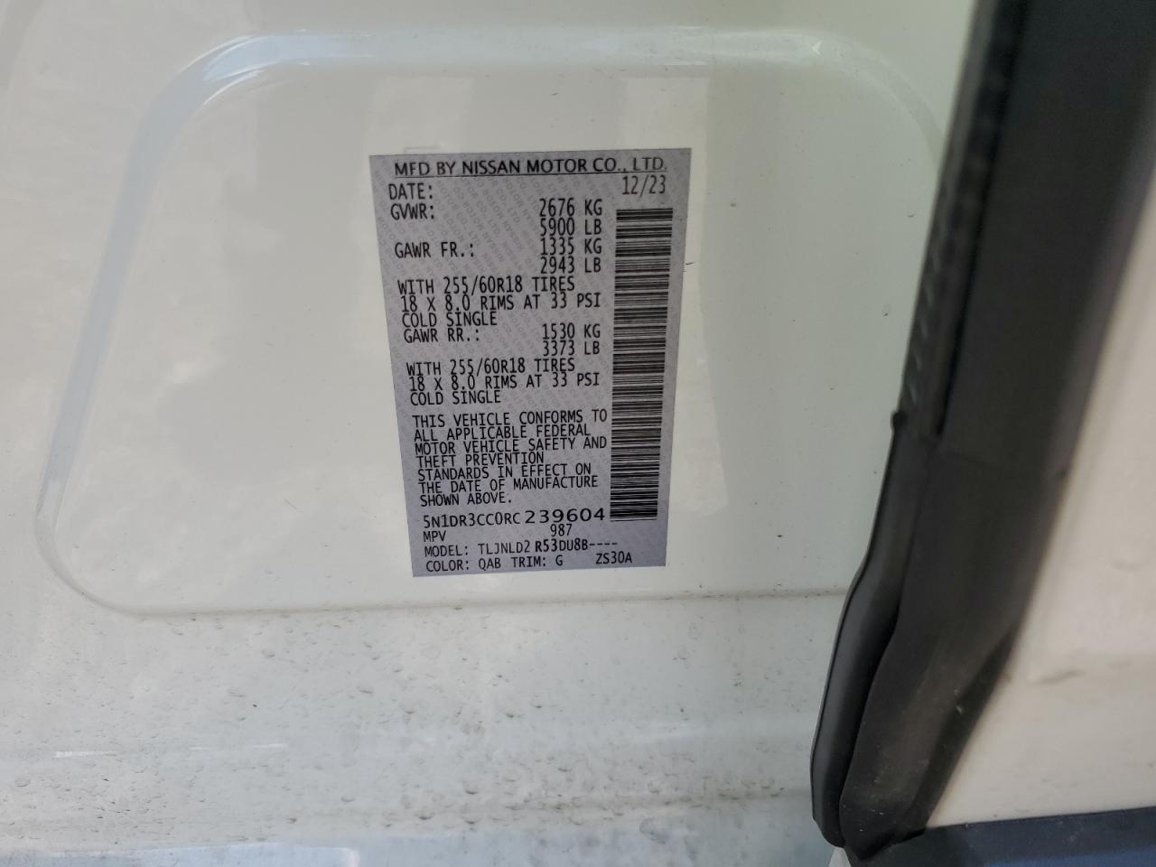 2024 NISSAN PATHFINDER SL VIN:5N1DR3CC0RC239604