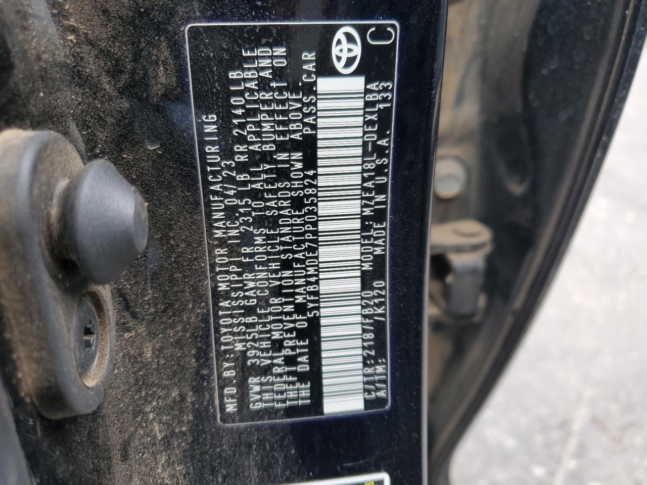 2023 TOYOTA COROLLA LE VIN:5YFB4MDE7PP035824