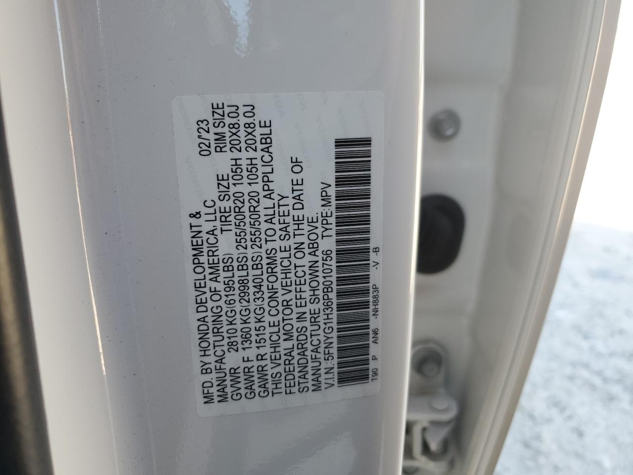 2023 HONDA PILOT SPORT VIN:5FNYG1H36PB010756