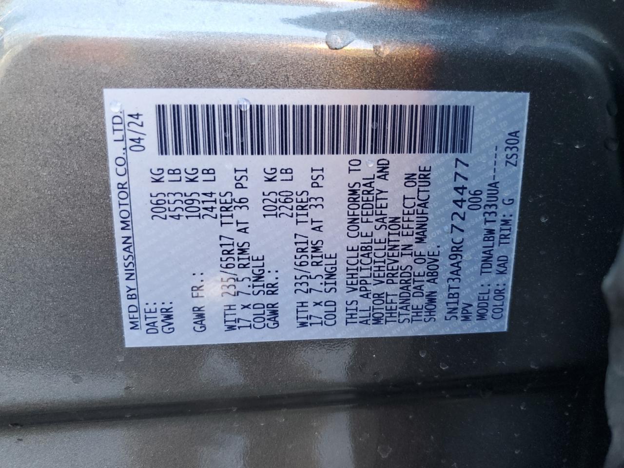 2024 NISSAN ROGUE S VIN:5N1BT3AA9RC724477