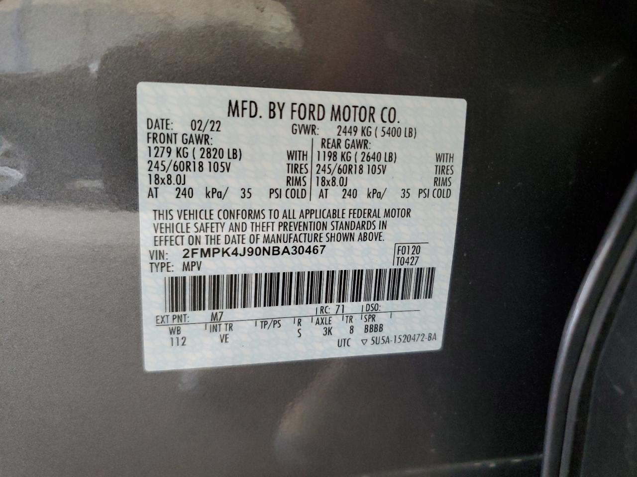 2022 FORD EDGE SEL VIN:2FMPK4J90NBA30467