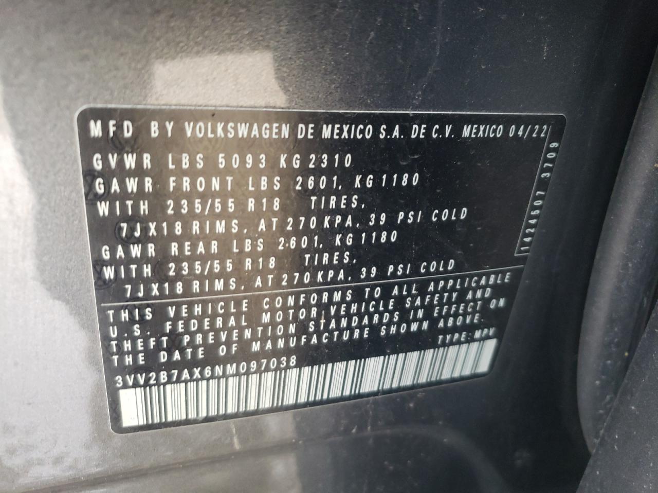 2022 VOLKSWAGEN TIGUAN SE VIN:3VV2B7AX6NM097038