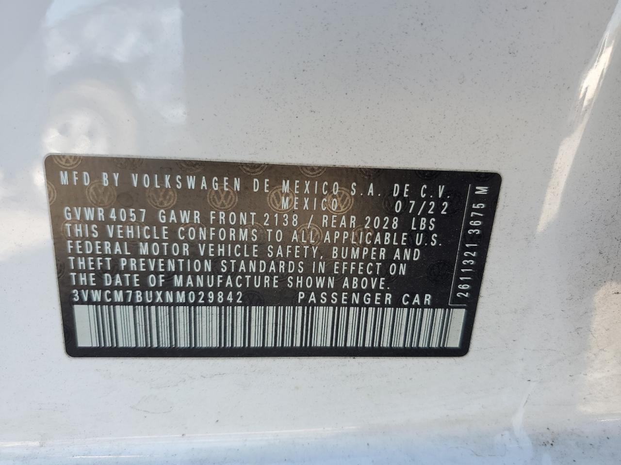 2022 VOLKSWAGEN JETTA S VIN:3VWCM7BUXNM029842