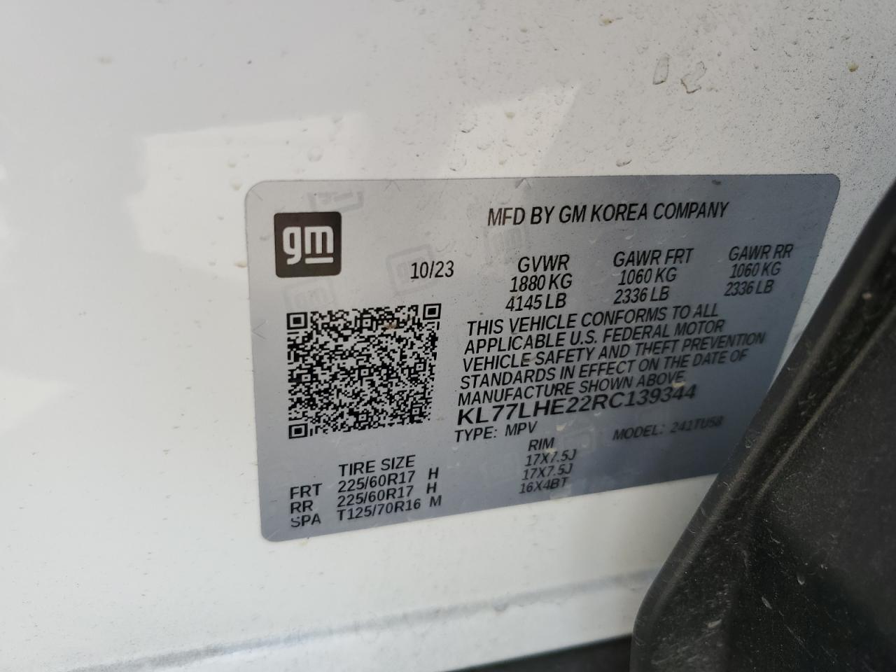 2024 CHEVROLET TRAX 1LT VIN:KL77LHE22RC139344