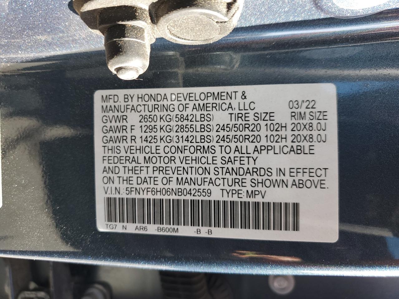 2022 HONDA PILOT ELITE VIN:5FNYF6H06NB042559